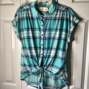 French Laundry Blue Plaid Tie Front Blouse.